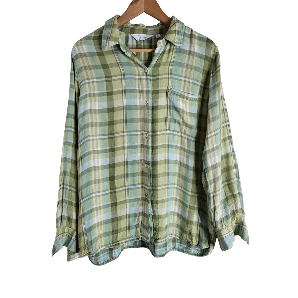 Encore by Idina Menzel Green Blue Plaid Viscose Button Down Shirt M 90s Grunge
